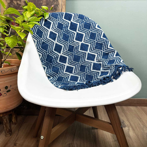 Chemin en Coton Indigo Motif Diamant – 170 x 60 cm