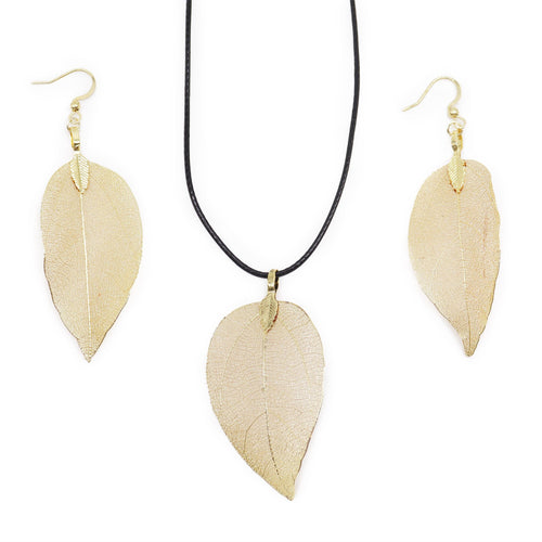 Parure Feuille Véritable Dorée – Collier & Boucles d'Oreilles