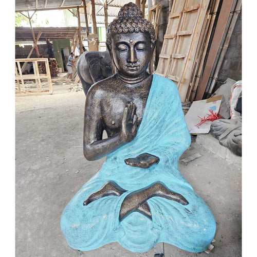 Statue de Bouddha XXL Méditation dans un Stupa – Finition Turquoise & Pierre – 1,5 m