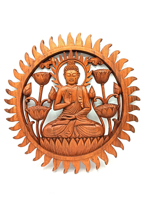 Panneau Mural en Bois Sculpté – Bouddha & Lotus 40 cm