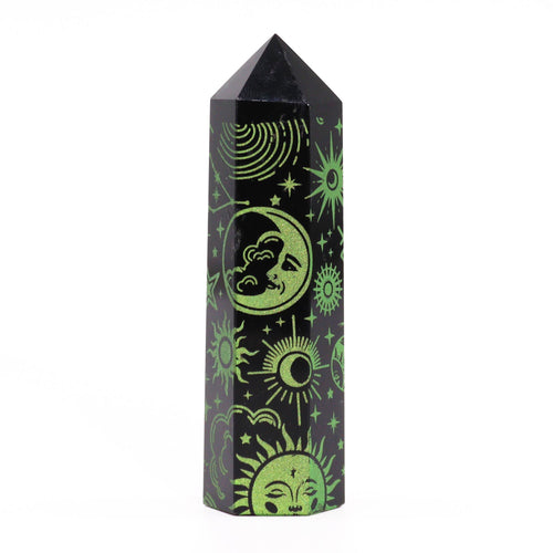 Obélisque en Obsidienne Noire – Symboles Lunaires Vert Forêt (~9 cm)