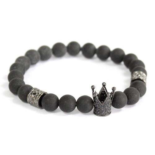 Bracelet en Agate Noire – Breloque Couronne à Cristaux