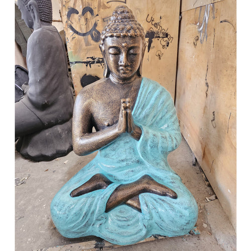 Statue de Bouddha XXL en Prière – Finition Turquoise & Or – 1,2 m
