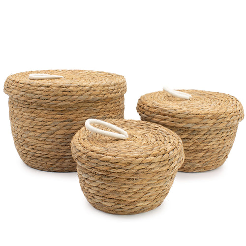 Paniers Ronds en Jonc de Mer & Coton avec Couvercle – Lot de 3