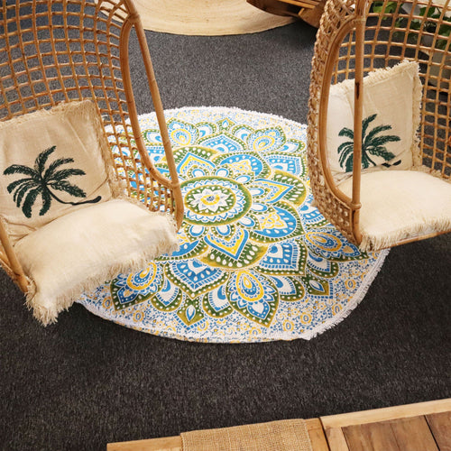 Grande Tenture Murale Mandala en Coton – Jaune & Bleu (180 cm)