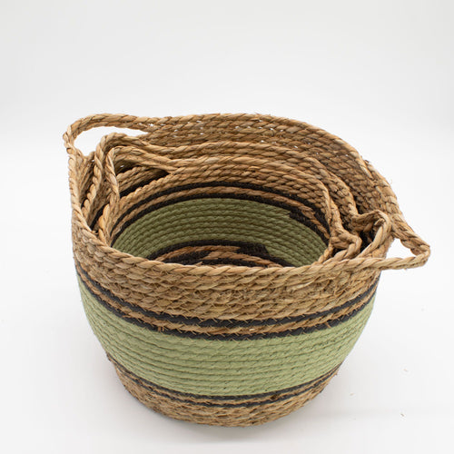 Paniers en Jonc de Mer Tressés Noir & Vert – Lot de 3