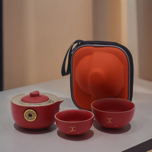 Service à Thé Chat Porte-Bonheur – Théière & Deux Tasses – Rouge