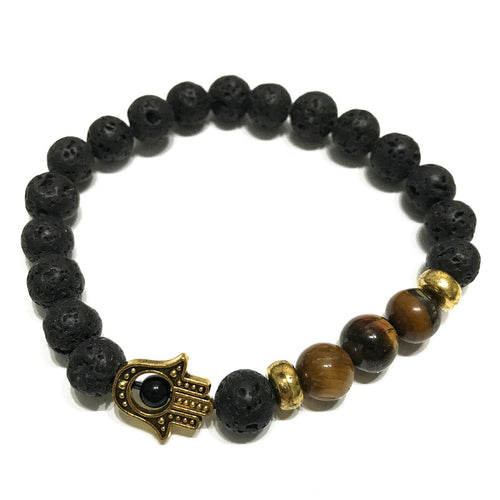 Bracelet en Pierre de Lave – Main de Hamsa Œil de Tigre