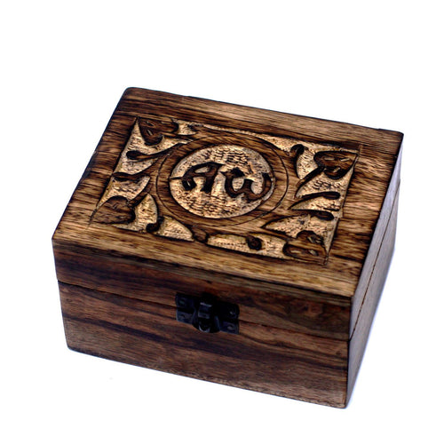 Boîte de Rangement Aromathérapie en Manguier Sculpté – Motif AW (12 flacons)