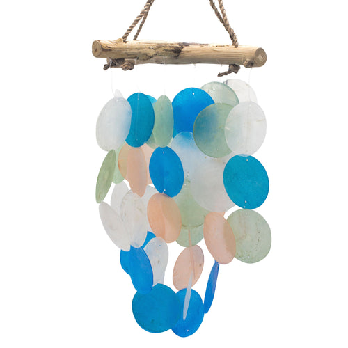 Carillon à Vent Croix en Bois Flotté – Bleu & Perles Nacrées