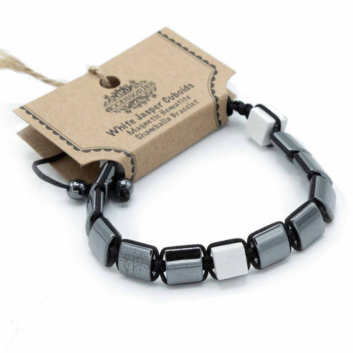 Bracelet Shamballa Magnétique en Hématite – Cuboïdes Jaspe Blanc