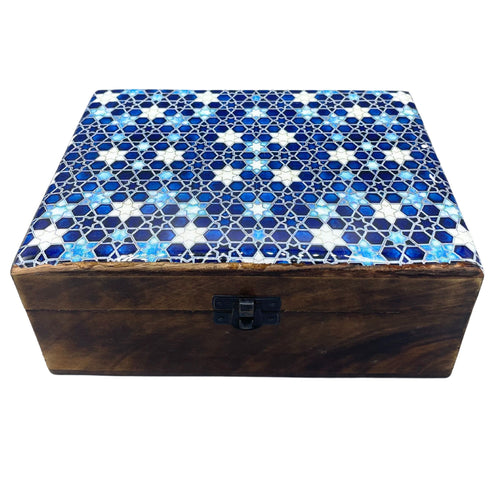 Grande Boîte en Bois Émaillé 20x15x7,5 cm – Étoiles Bleues