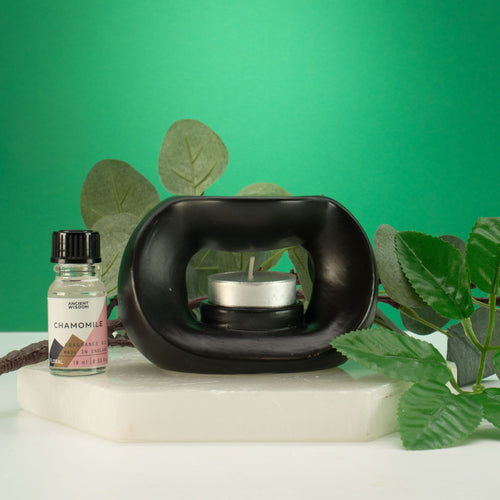 Brûle-Parfum Zen en Céramique - Galet Ovale - Noir Mat