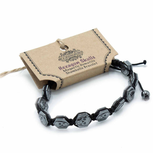 Bracelet Shamballa Magnétique en Hématite – Perles Hexagonales Tête de Mort