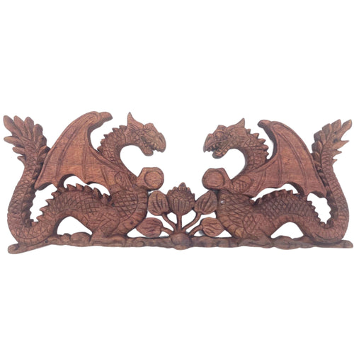 Panneau Sculpté Bois Deux Dragons Face à Face – 40x15 cm