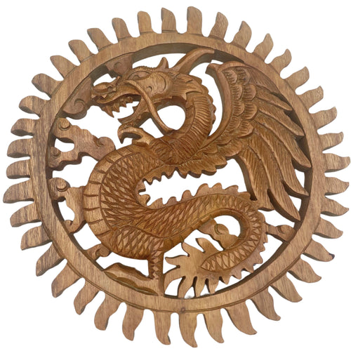 Panneau Mural Sculpté Dragon Ailé & Soleil – 30 cm