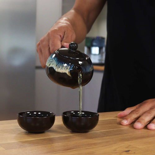 Service à Thé Herbal Émail Noir – Théière & Deux Tasses