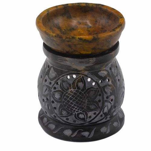 Brûle-Parfum en Stéatite 10 cm – Fleur Mandala Noir & Jaune