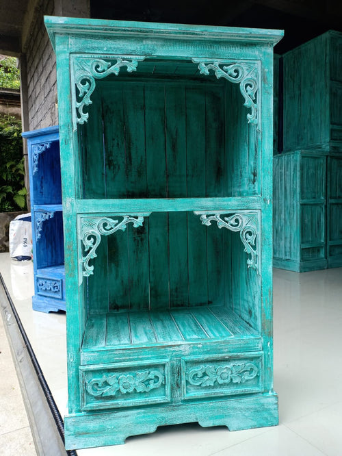 Meuble de Salle de Bain en Bois d'Albasia – Turquoise Patiné