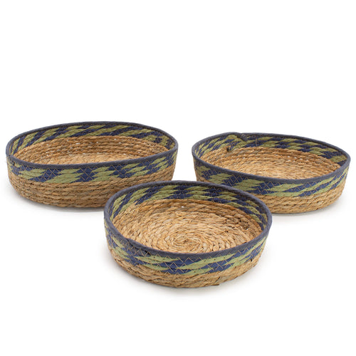 Paniers Plateaux en Paille & Jonc de Mer Vert & Bleu – Lot de 3