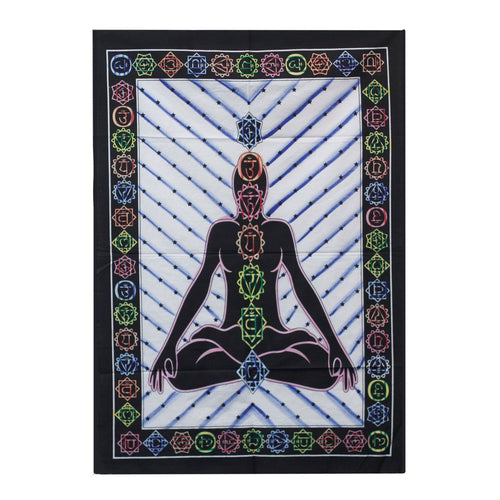 Tenture Murale en Coton Peinte à la Main – Bouddha Chakras