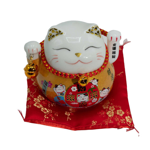 Maneki Neko Céramique Bras Articulé – Doré sur Coussin