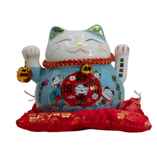 Maneki Neko Céramique Bras Articulé – Bleu sur Coussin
