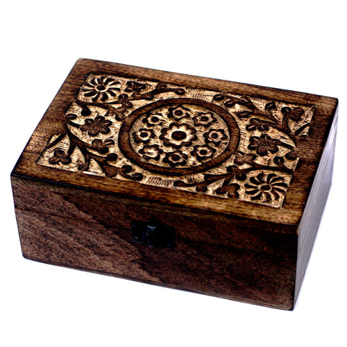 Boîte de Rangement Aromathérapie en Manguier Sculpté – Motif Floral (24 flacons)