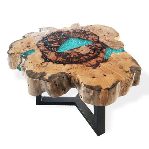Table Basse en Bois de Tamarin & Résine Aqua – Pièce Unique