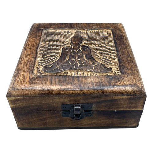 Boîte à Trésors en Bois Sculpté – Bouddha 13x13x6 cm