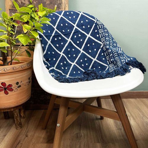 Jeté de Canapé Indigo Coton Motif Diamant Nuit – 170 x 120 cm