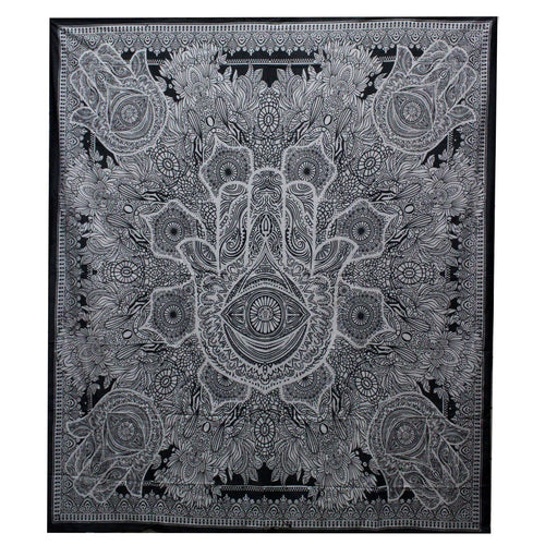 Tenture Murale en Coton – Main de Hamsa Noir & Blanc