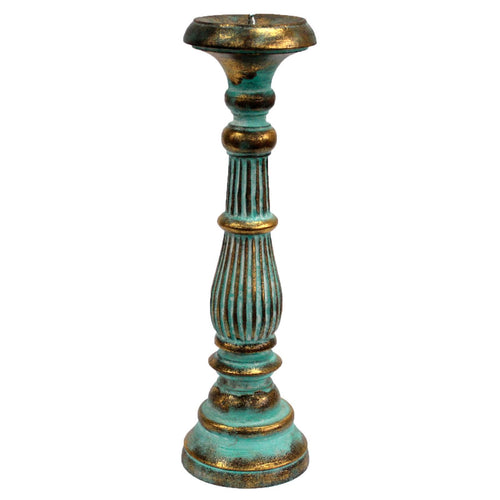 Bougeoir Vintage en Bois Sculpté Turquoise & Or – Grand Modèle