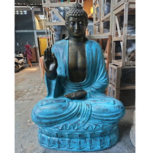 Statue de Bouddha XXL Enseignant sur Lotus – Finition Turquoise & Pierre – 2 m