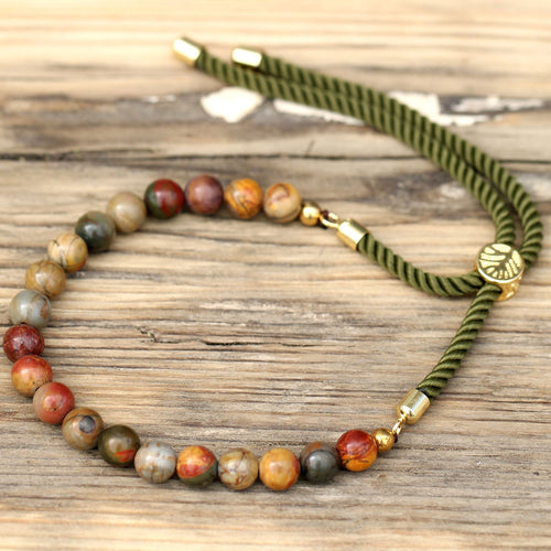 Bracelet en Pierres Naturelles Plaqué Or 18K – Jaspe Picasso