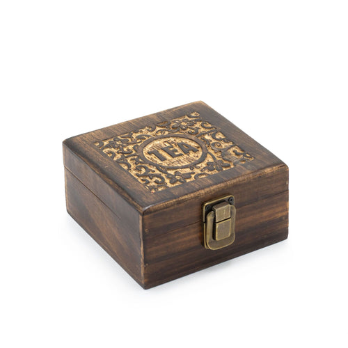 Boîte à Thé en Manguier Sculpté – 4 Compartiments 15x15x8 cm