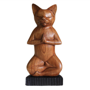 Chat de Yoga en Bois Sculpté – Posture du Lotus