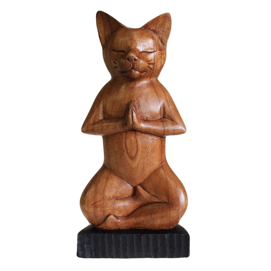 Chat de Yoga en Bois Sculpté – Posture du Lotus