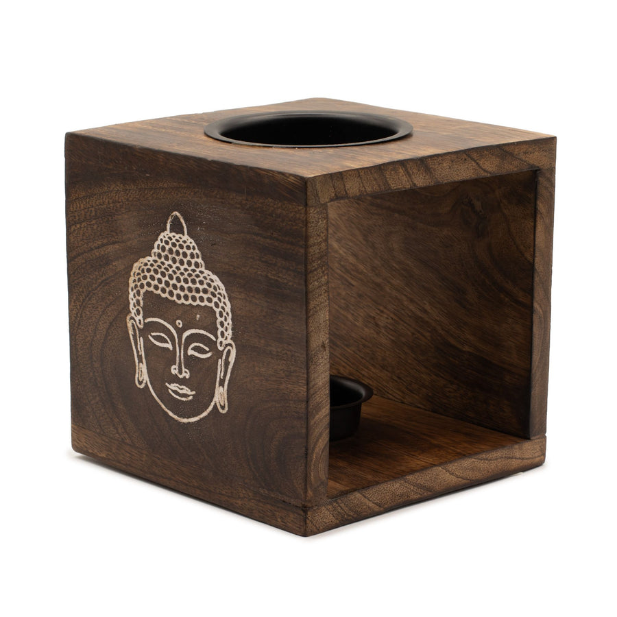 Grand Brûle-Parfum Carré en Bois de Manguier - Visage de Bouddha