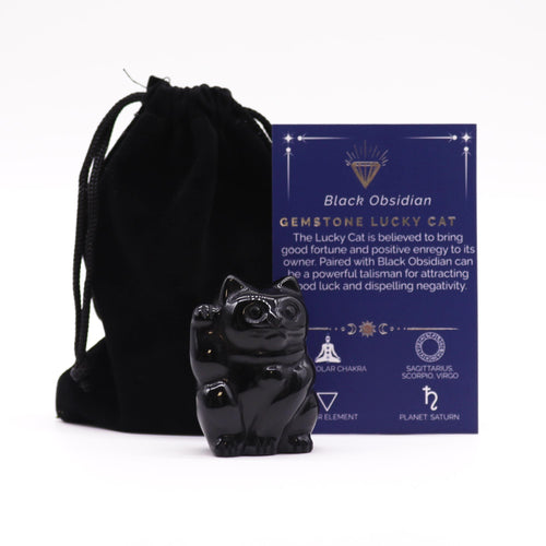 Chat Porte-Bonheur en Obsidienne Noire – 50 × 35 × 25 mm