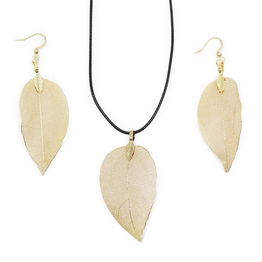 Parure Feuille Véritable Dorée – Collier & Boucles d'Oreilles