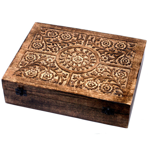 Boîte de Rangement Aromathérapie en Manguier Sculpté – Motif Floral (80 flacons)
