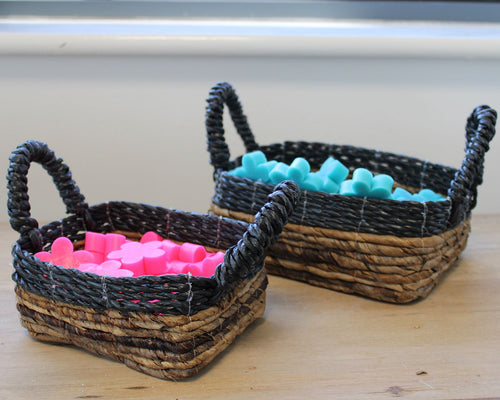 Panier Carré en Feuille de Bananier & Raphia Noir – Lot de 3