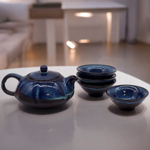 Service à Thé Céramique Bleu – Théière & Quatre Tasses
