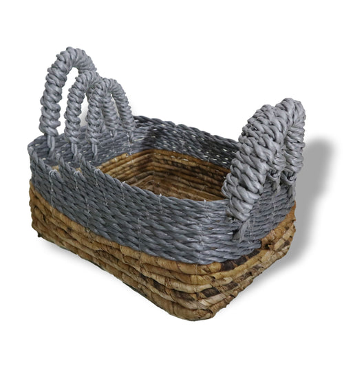 Panier Carré en Feuille de Bananier & Raphia Gris – Lot de 3