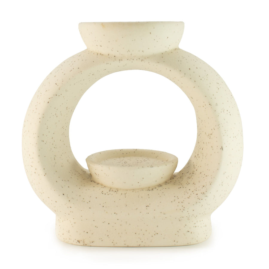 Brûle-Parfum Zen en Céramique - Grand Galet Ovale - Blanc Cassé Moucheté