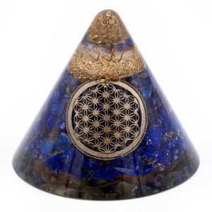 Cône Orgonite Lapis-Lazuli Fleur de Vie & Quartz Suspendu – 90 mm