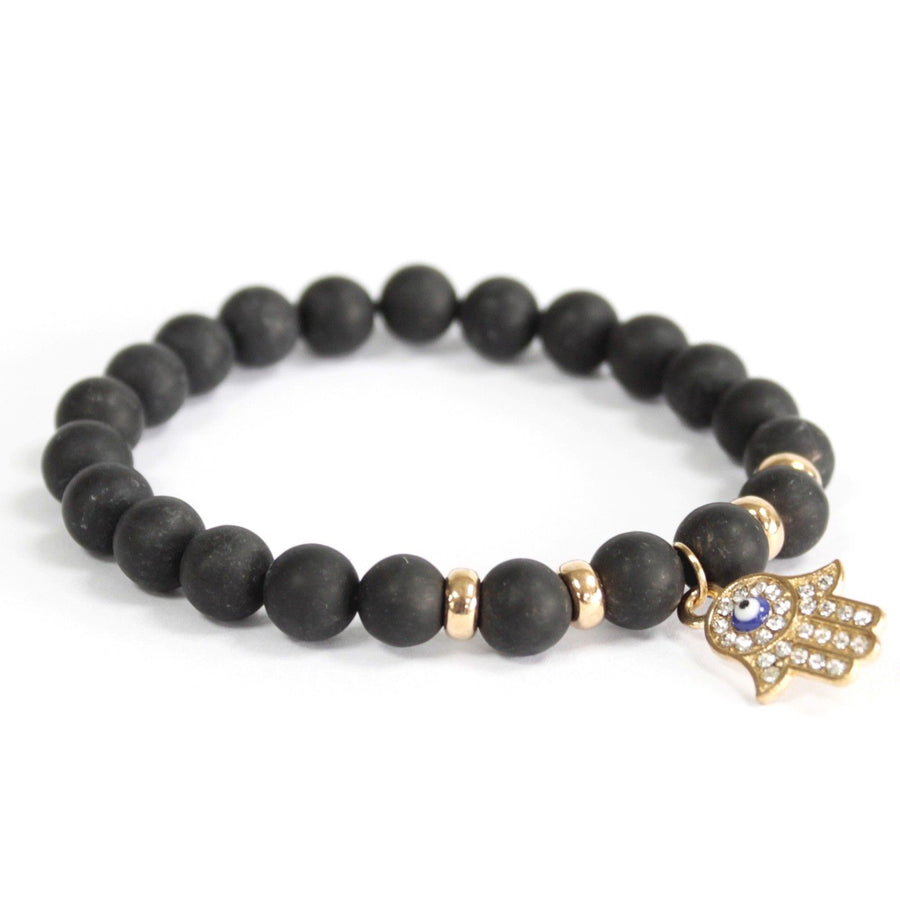 Bracelet en Agate Noire – Breloque Main de Fatma