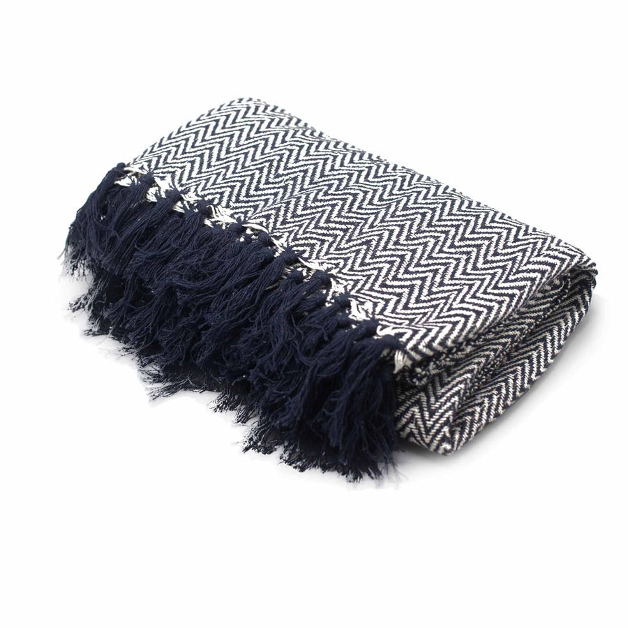 Plaid Bohème en Coton – Motif Zigzag Bleu Marine