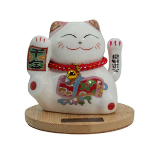 Maneki Neko Solaire Socle Bois – Bras Rose